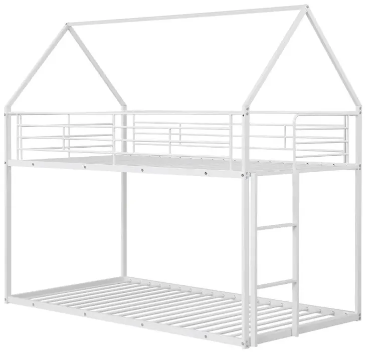 Twin Over Twin Metal Bunk Bed with Roof and Ladder