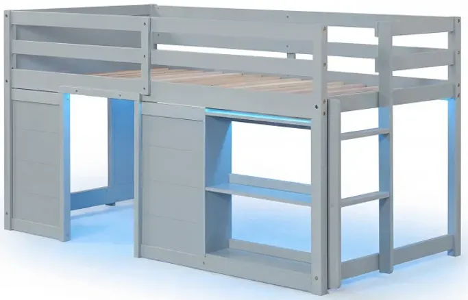 Wooden Low Kids Loft Bed with  LED Lights and 2 Doors