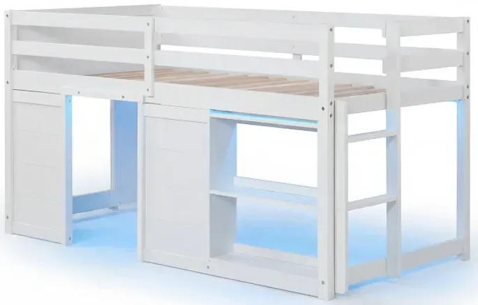 Wooden Low Kids Loft Bed with  LED Lights and 2 Doors