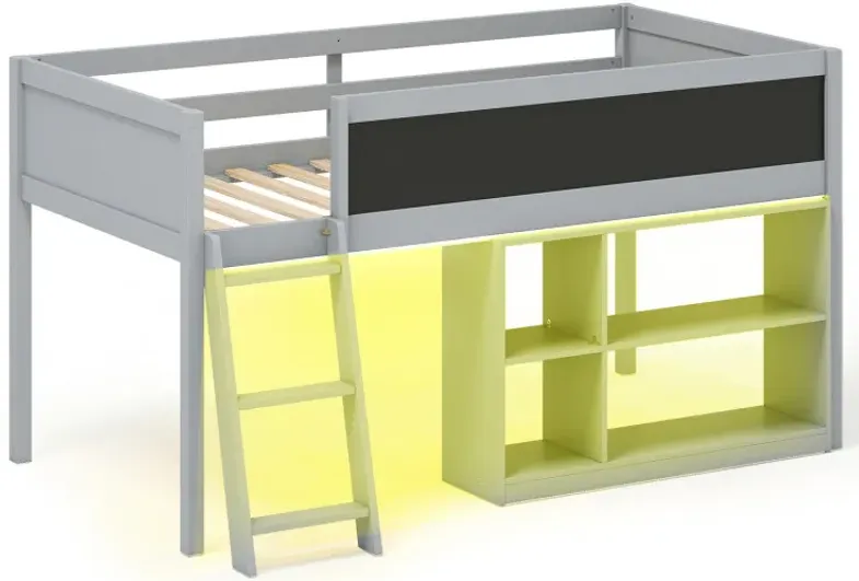 Twin Size Kids Loft Bed with LED Lights and Removable Bookcase