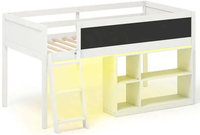 Twin Size Kids Loft Bed with LED Lights and Removable Bookcase