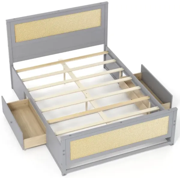Full Size Rattan Bed Frame with Storage Drawers