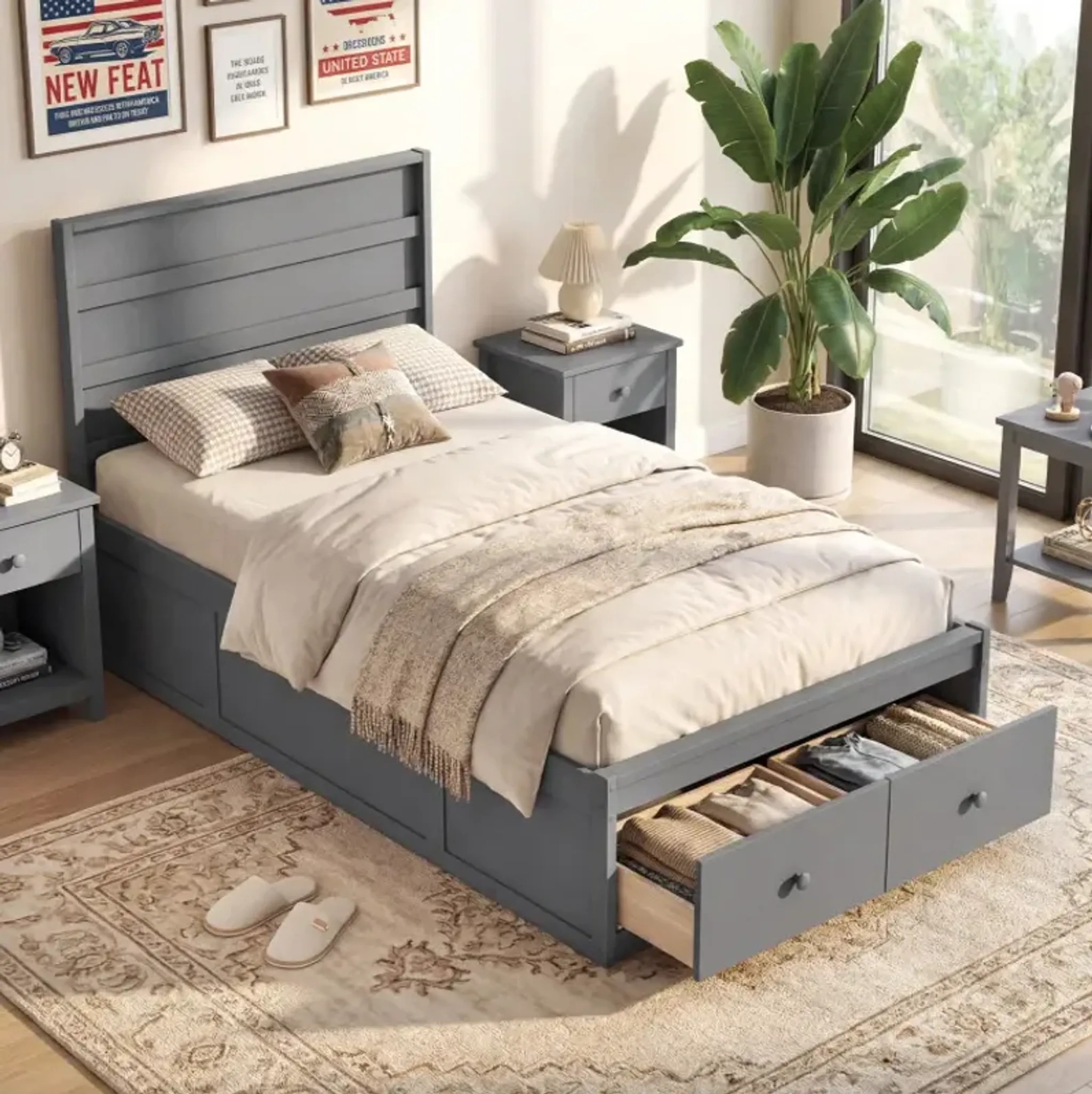 Twin Size Bed Frame With Storage Drawers And Headboard Costway ...