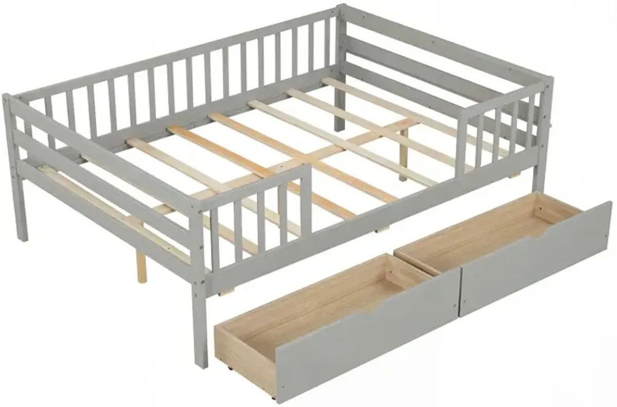 Full Size Daybed with Fence and 2 Drawers for Boys and Girls