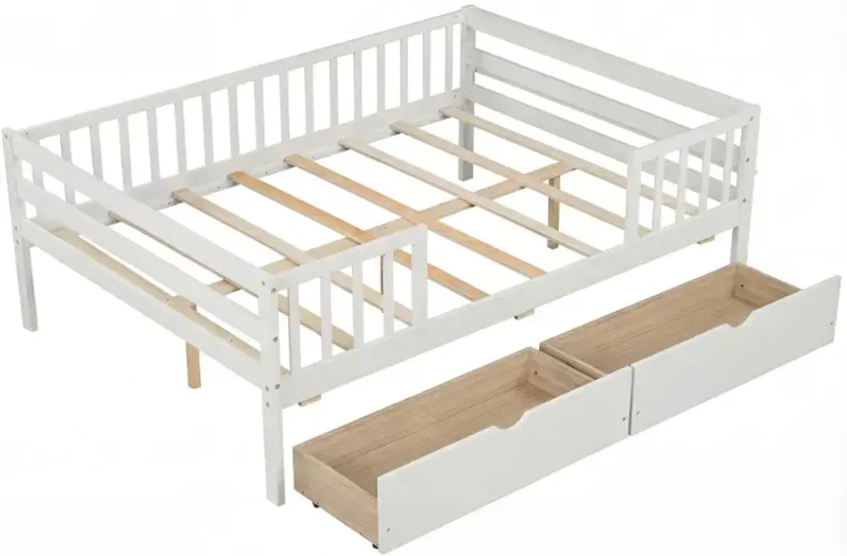 Full Size Daybed with Fence and 2 Drawers for Boys and Girls