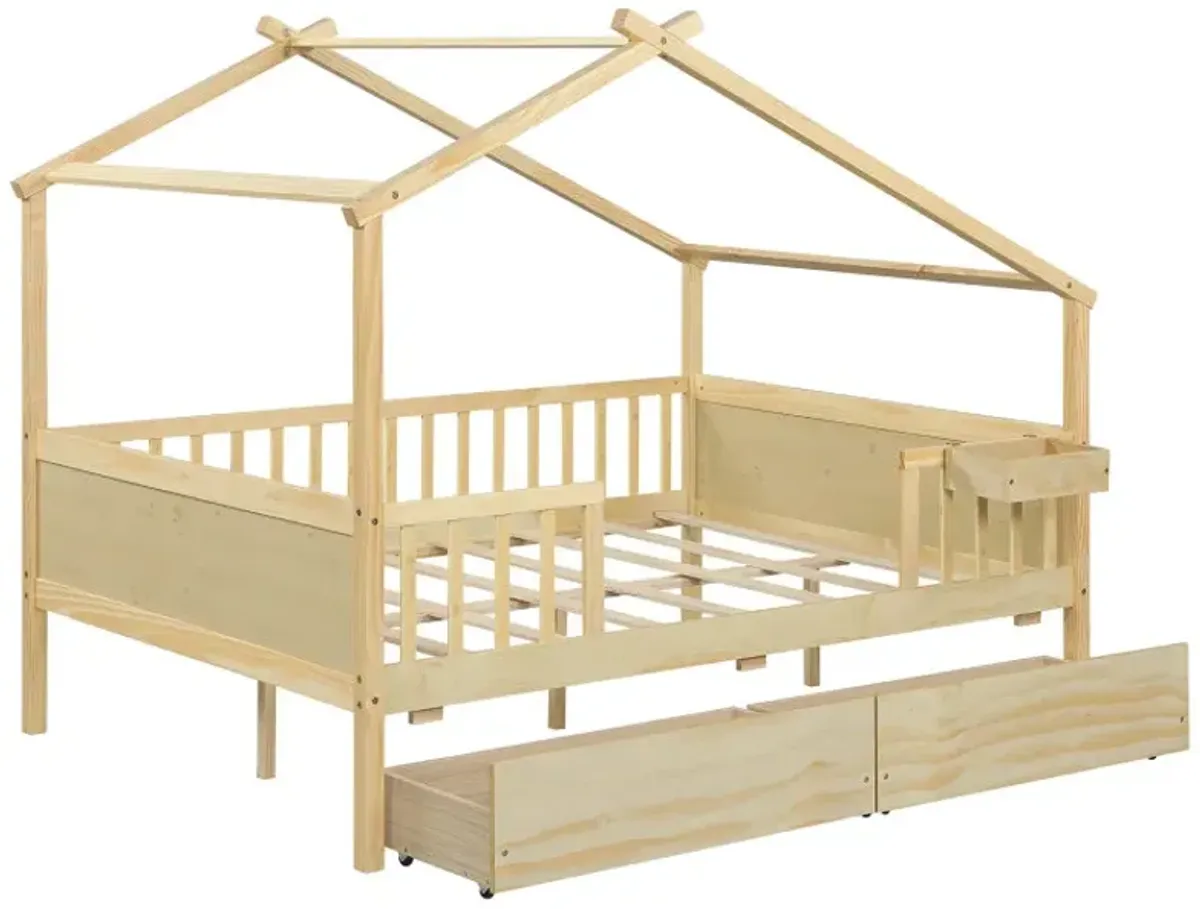 Full Size House Bed with Roof and Fence Rails for Kid