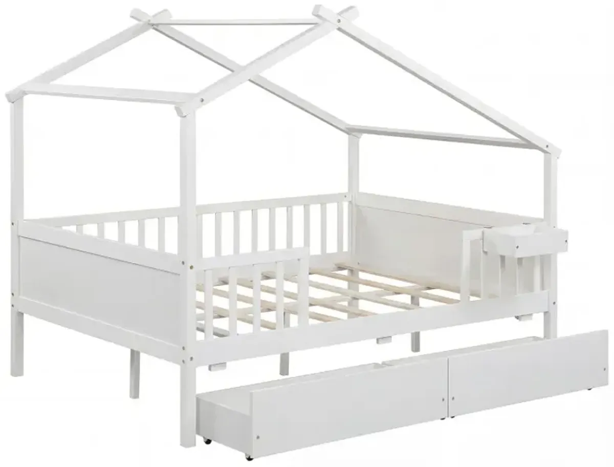 Full Size House Bed with Roof and Fence Rails for Kid