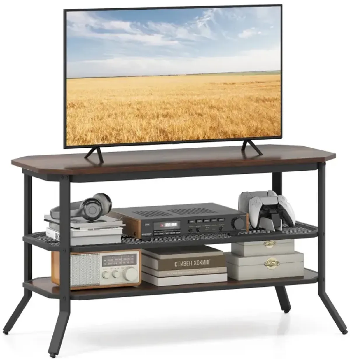 3-Tier Industrial Wooden TV Stand with Storage Shelves for TVs up to 46 Inch