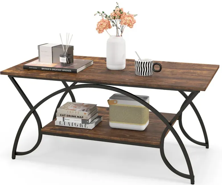 2-Tier Faux Marble Coffee Table with Marble Top and Metal Frame