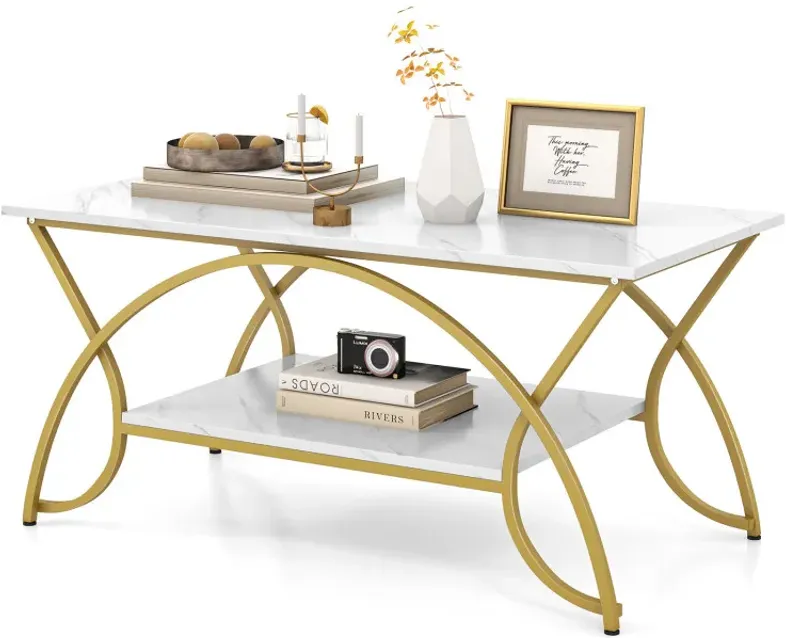 2-Tier Faux Marble Coffee Table with Marble Top and Metal Frame