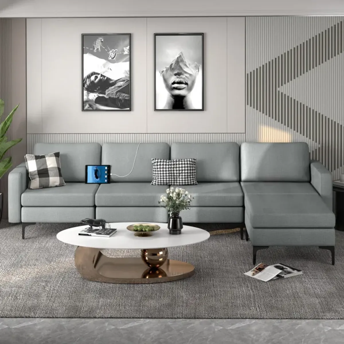 Modular L-shaped Sectional Sofa with Reversible Ottoman and 2 USB Ports