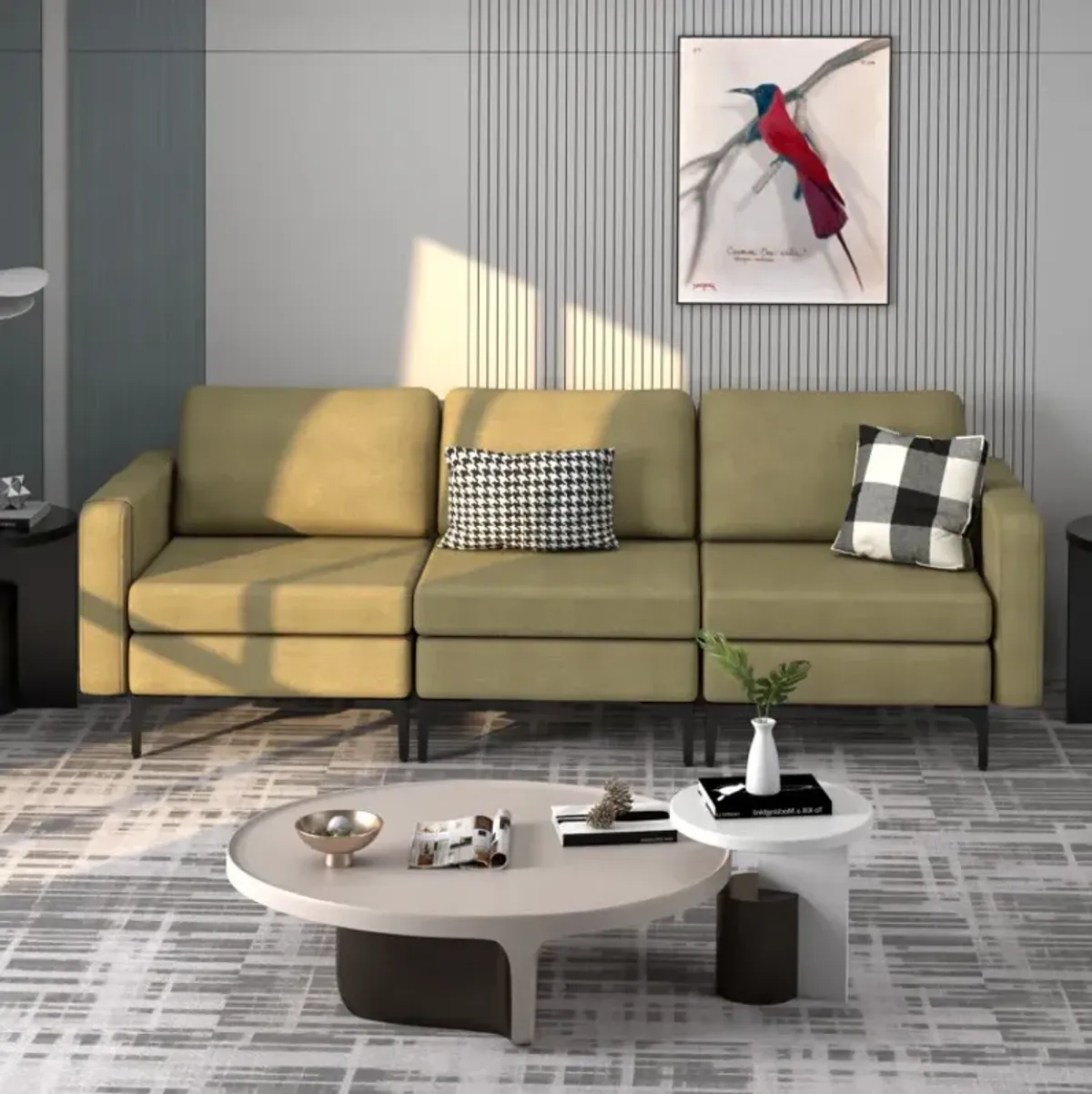 Convertible Sofa Couch with Magazine Pockets 3-Seat with 2 USB Port