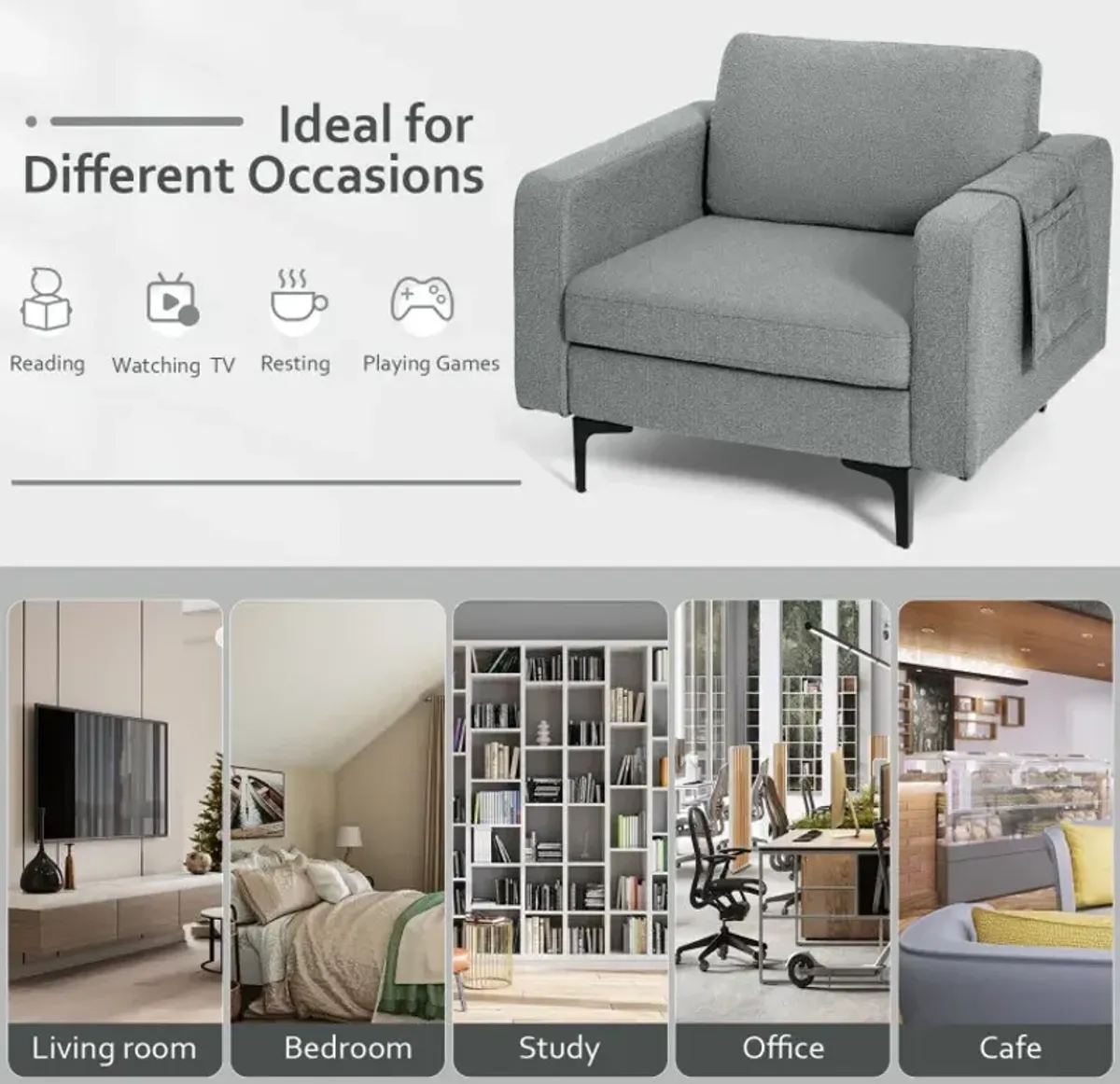 Modern Accent Armchair with Side Storage Pocket