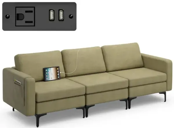 Convertible Sofa Couch with Magazine Pockets 3-Seat with 2 USB Port