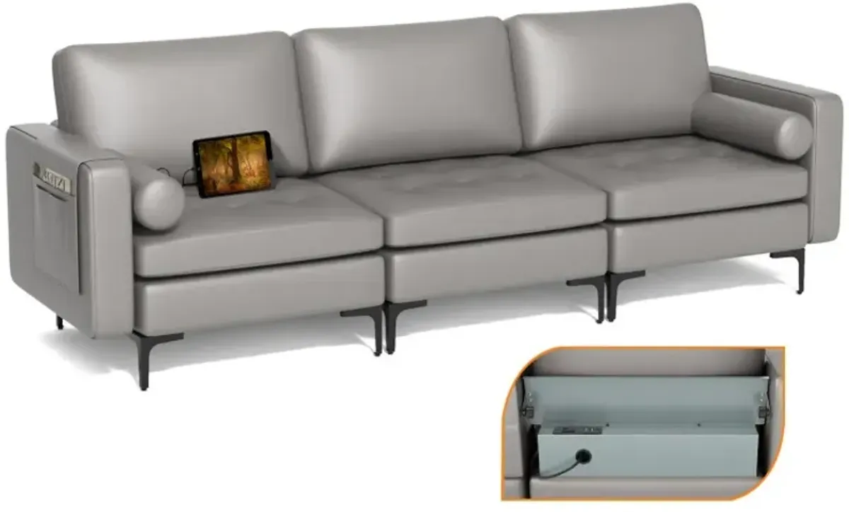 Modular 3-Seat Sofa Couch with Socket USB Ports and Side Storage Pocket