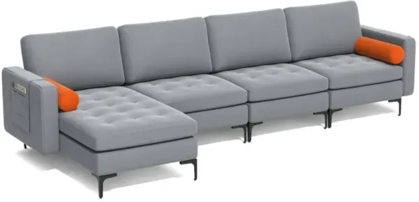 Modular L-shaped 4-Seat Sectional Sofa with Reversible Chaise and 2 USB Socket