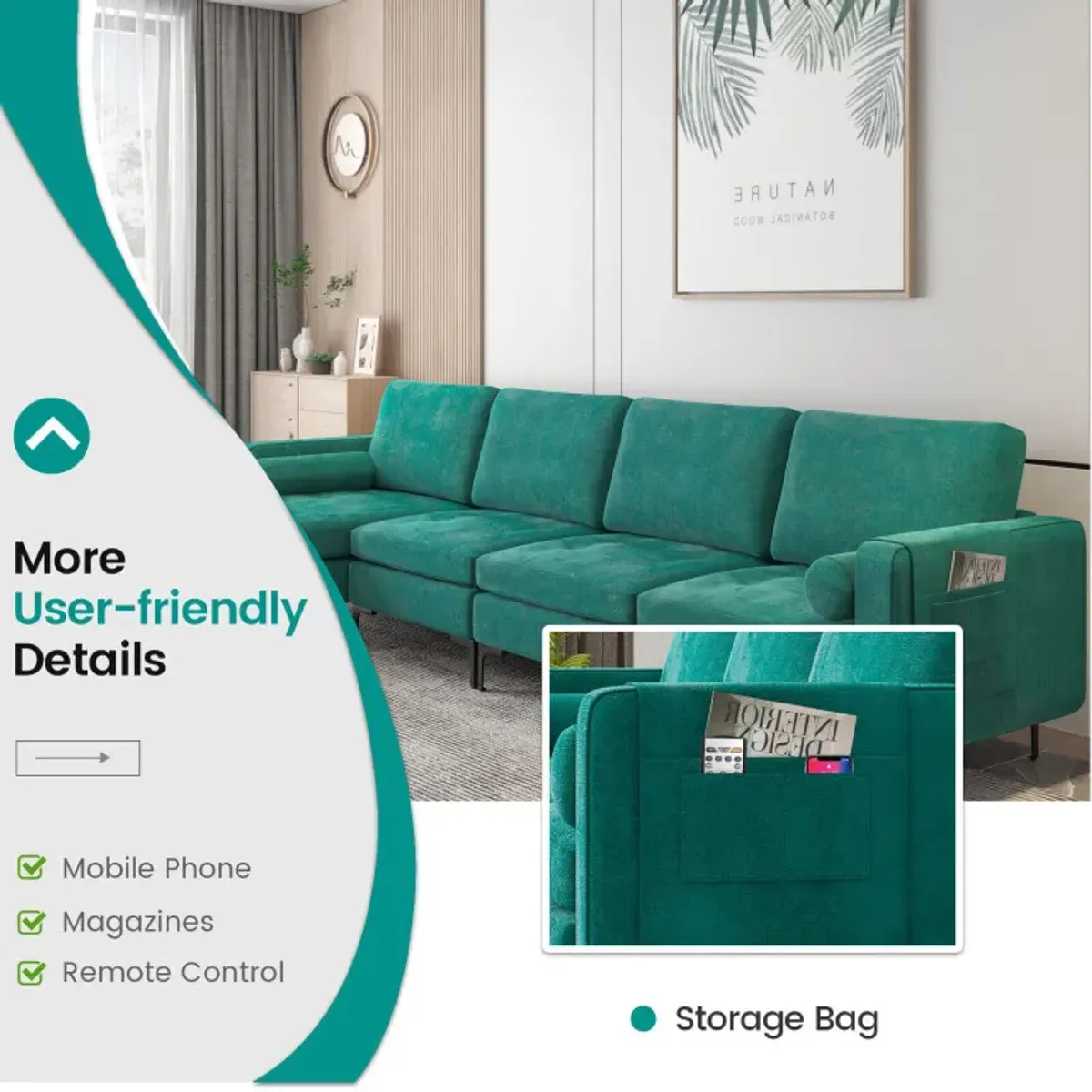 Modular L-shaped 4-Seat Sectional Sofa with Reversible Chaise and 2 USB Socket