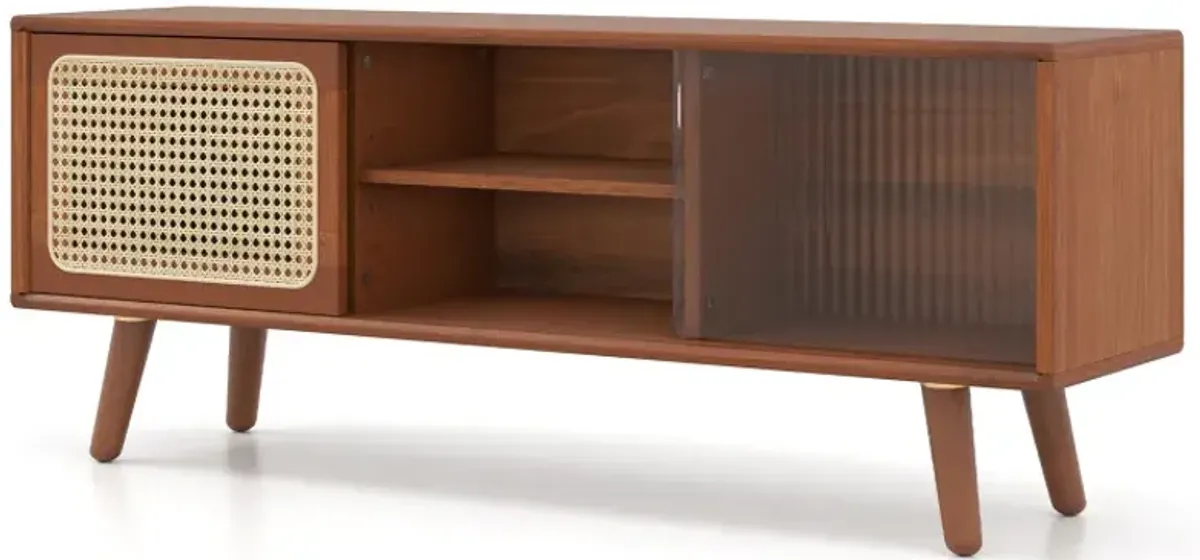 Modern TV Stand with Rattan Glass Sliding Doors