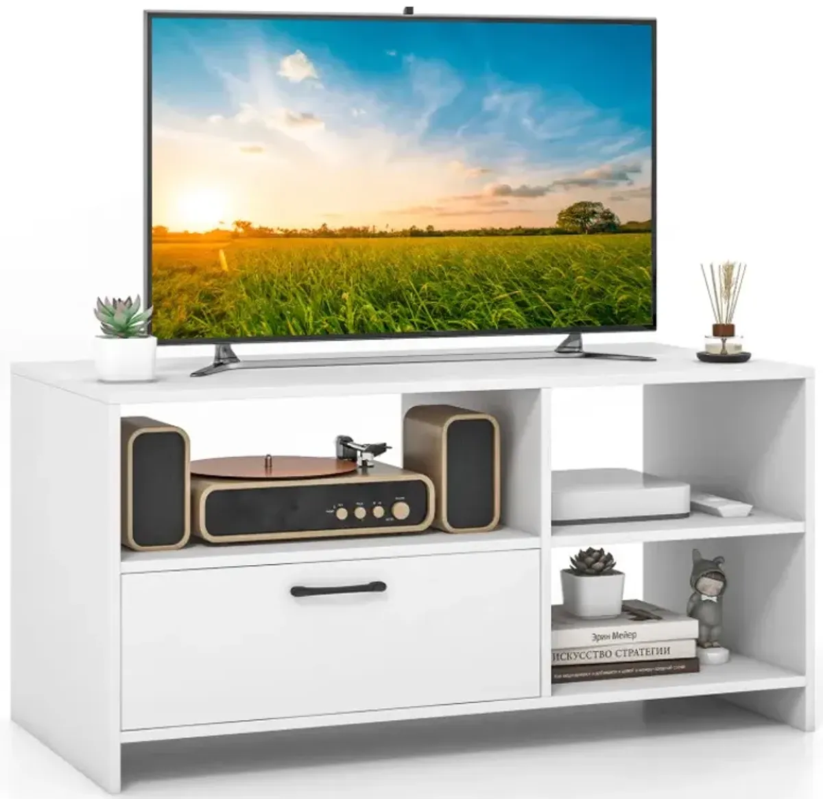 Modern Media Console Table with 3 Open Compartments and 1 Storage Drawer