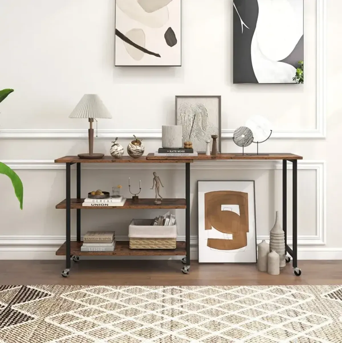 360° Rotating Sofa Side Table with 2-Tier Storage Shelves