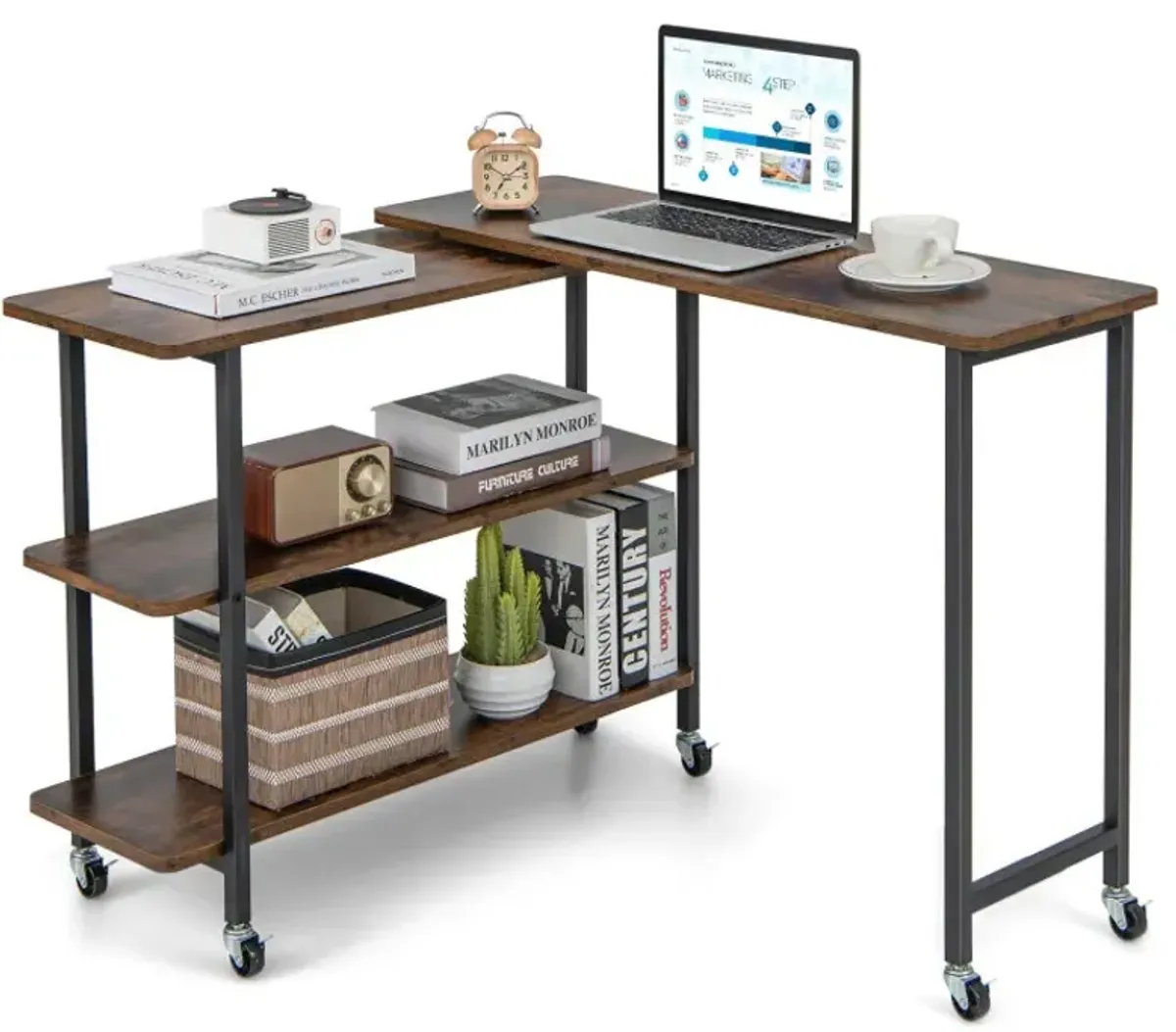 360° Rotating Sofa Side Table with 2-Tier Storage Shelves