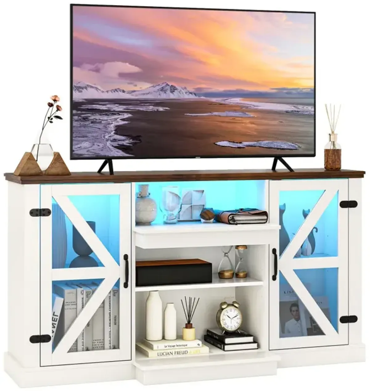 59 Inches Media Console Table with 3-Level Shelves and 22 Dynamic Modes