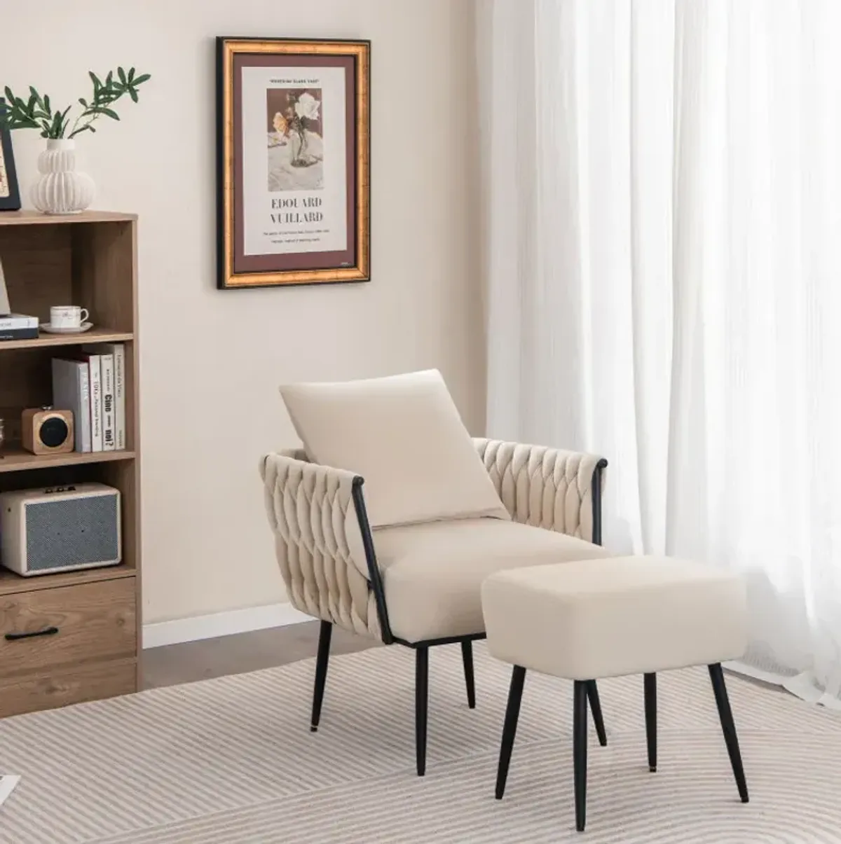 Modern Dutch Velvet Accent Chair and Ottoman Set with Weaved Back and Arms