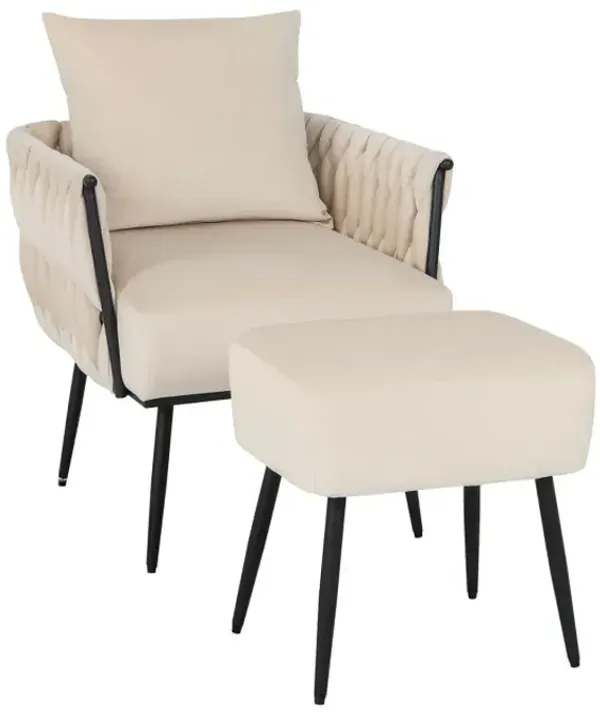 Modern Dutch Velvet Accent Chair and Ottoman Set with Weaved Back and Arms