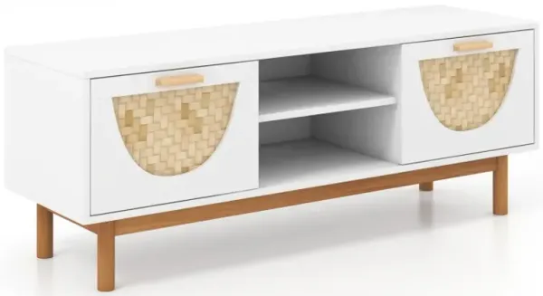 Mid Century Modern TV Stand Entertainment Center for 55-Inch TV with 2 Drawers and Bamboo Woven Fronts