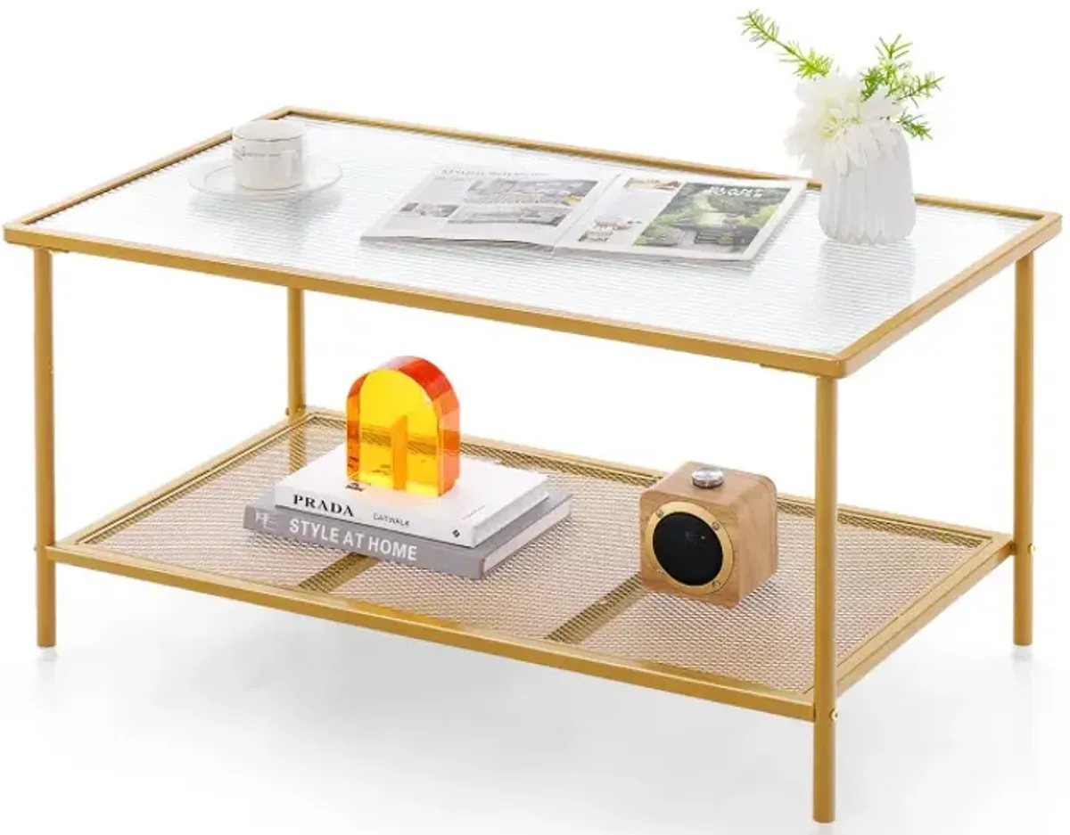 2-Tier Coffee Table with Shelf Center Tea Table with Tempered Glass Top