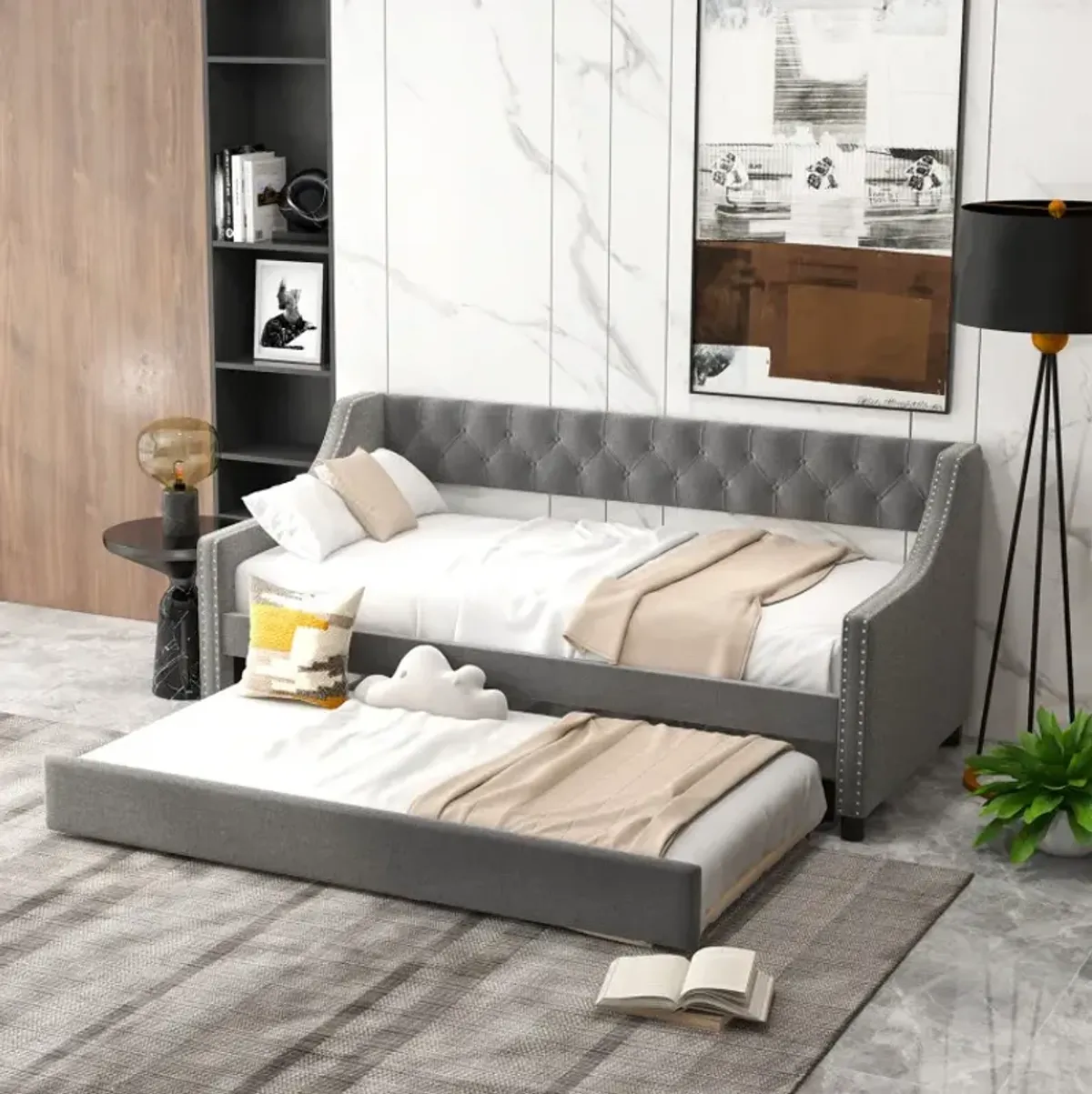 Twin Size Daybed with Trundle Sofa Bed with Curved Armrests and Backrest