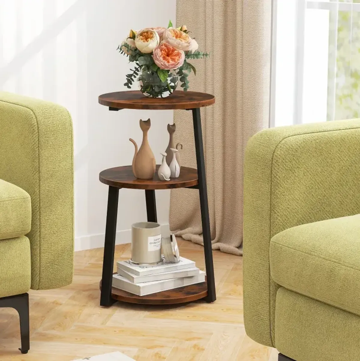 3-Tier Accent Round Side Table with Metal Frame