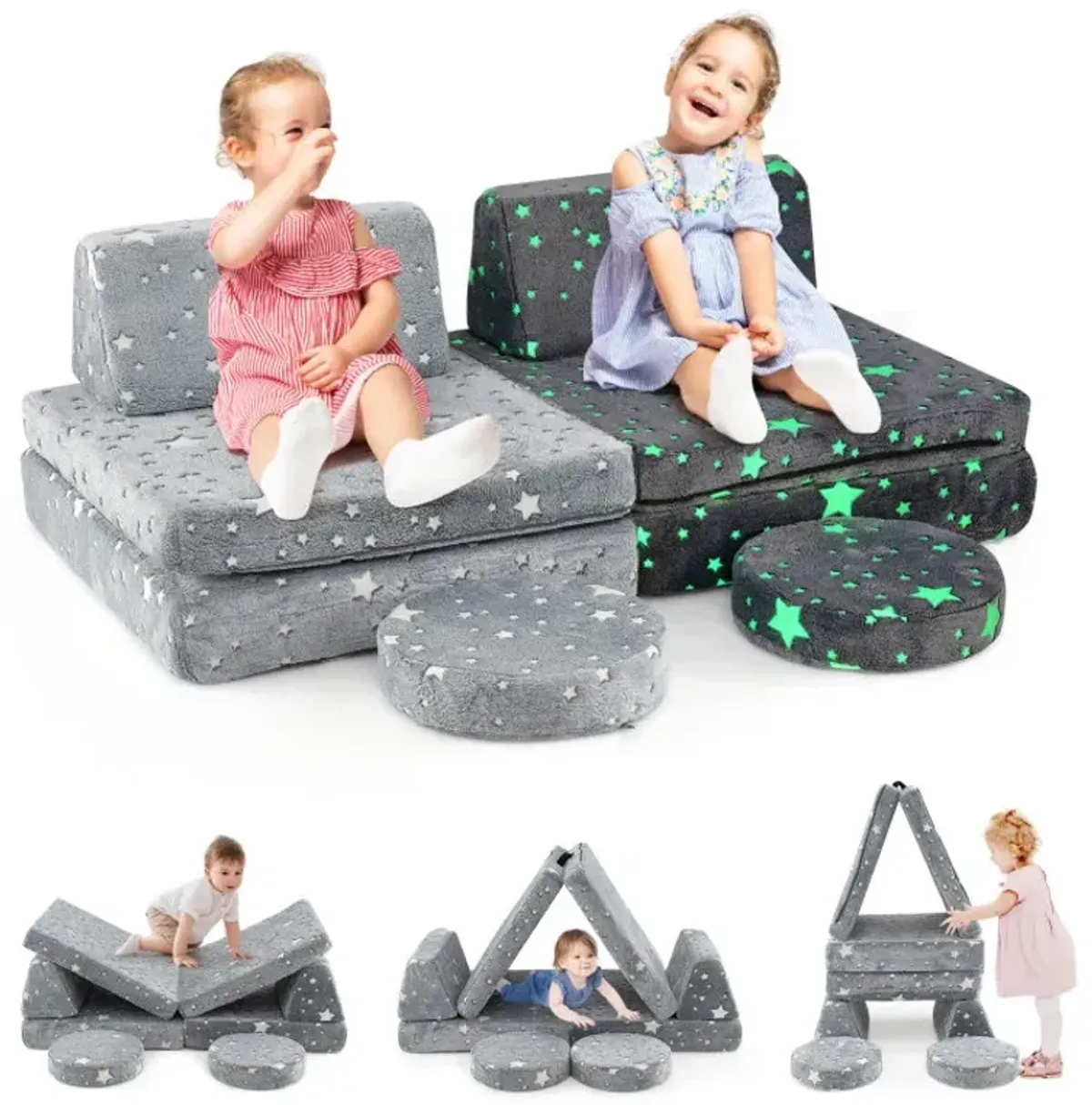 Modular Kids Play Couch Set Glow in the Dark with Portable Handles