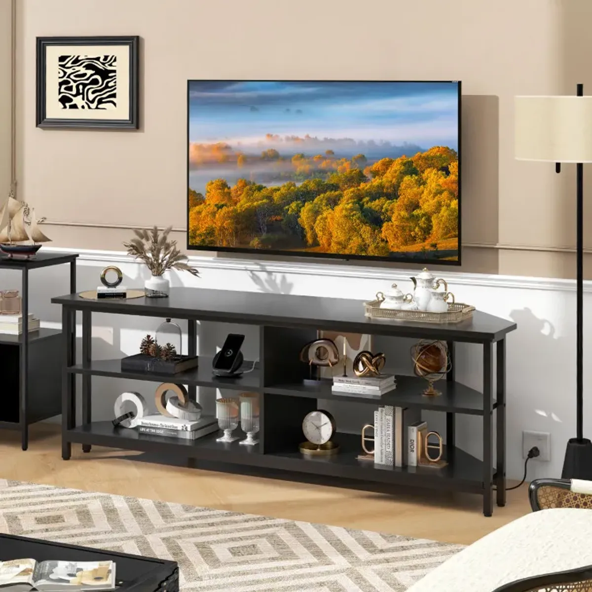 3-Tier Corner TV Stand for TVs up to 65 Inches with Charging Station