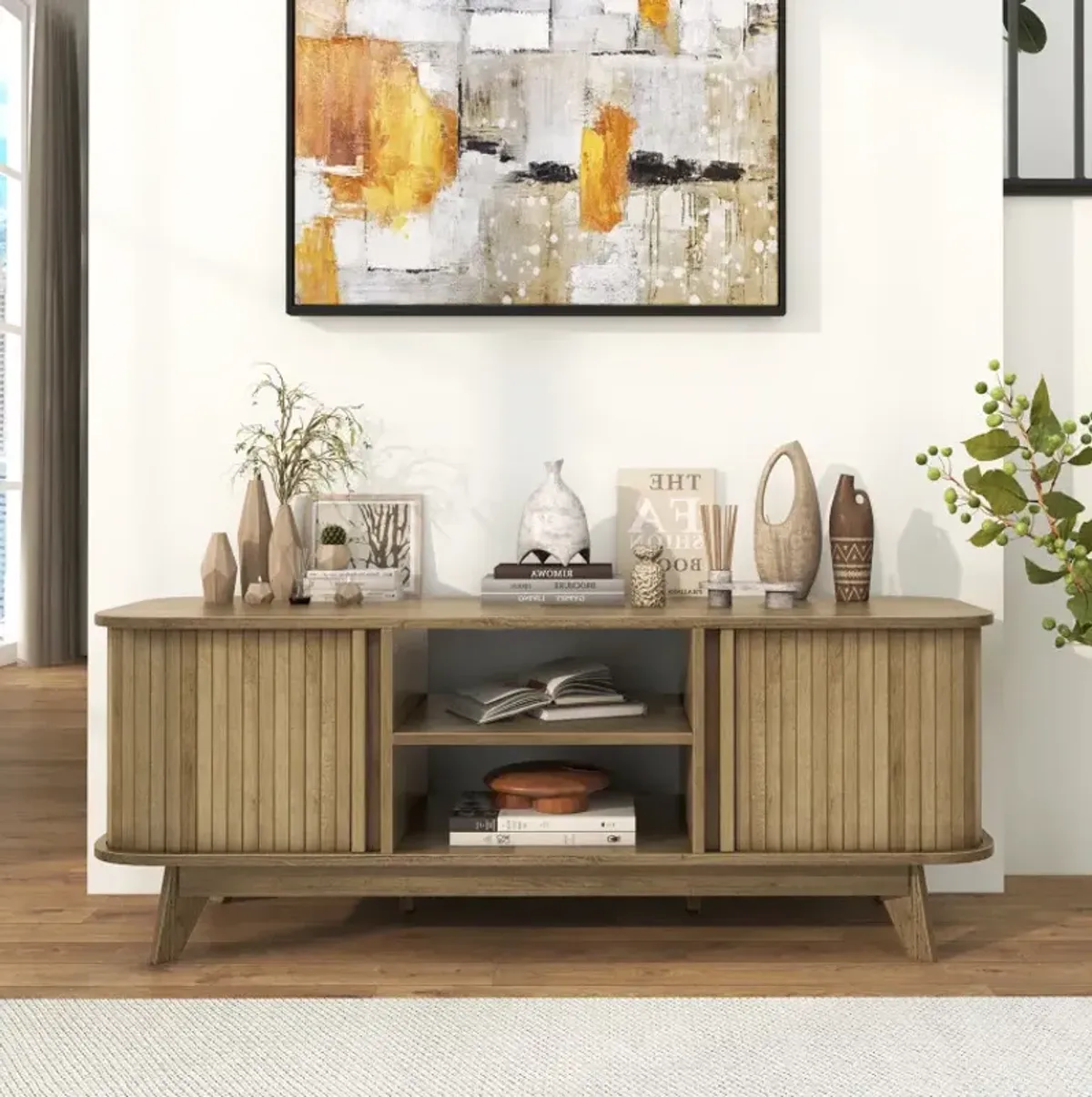 TV Stand for 55-Inch TV Media Console Table with Dual Sliding Doors