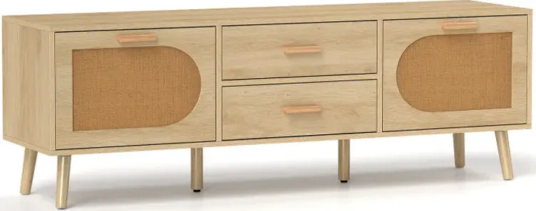 Rattan TV Stand for 65-Inch TV with Drawers and Solid Wood Legs