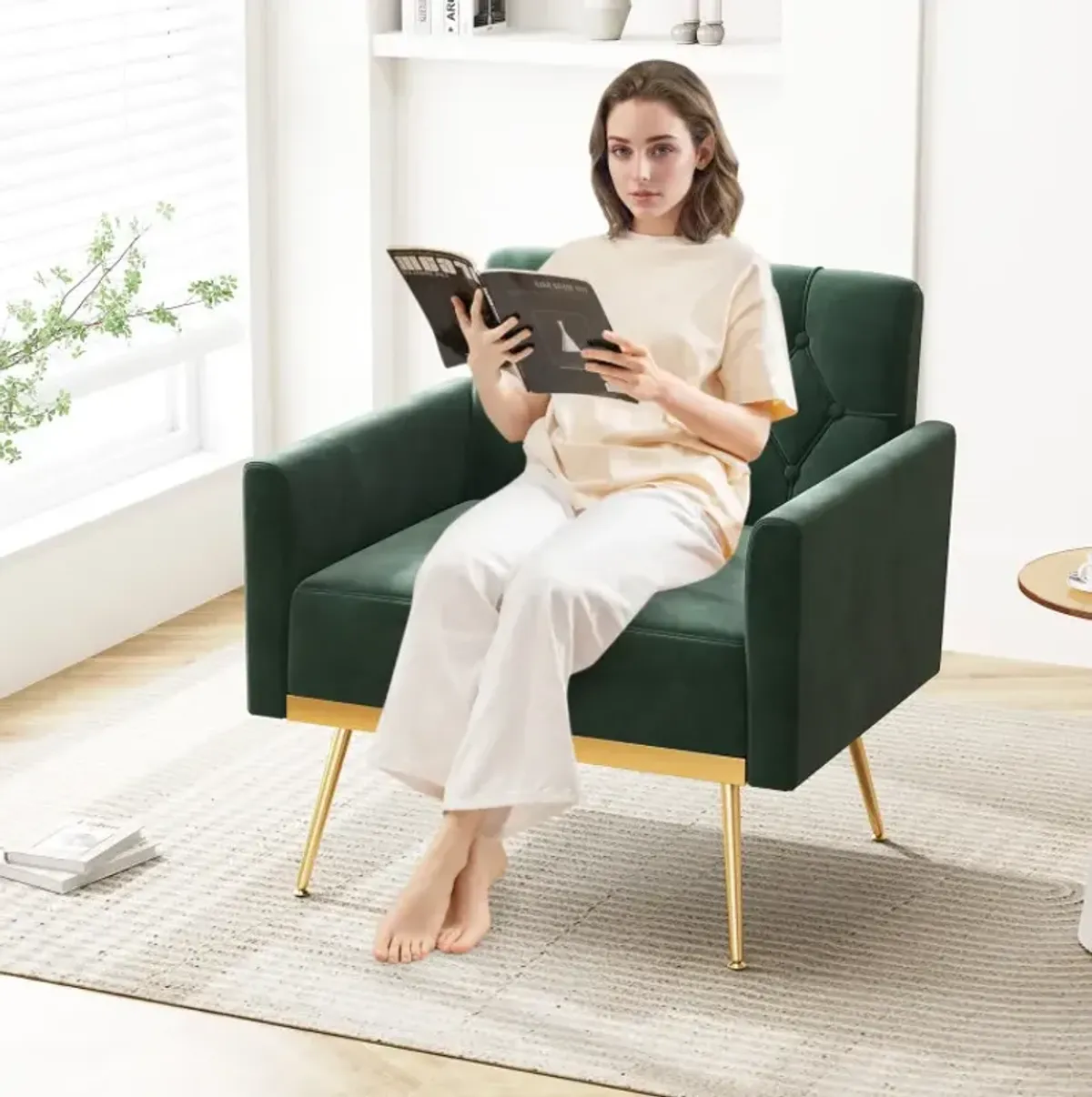 Modern Velvet Accent Chair with Button Tufted Back Golden Metal Legs and Adjustable Foot Pads