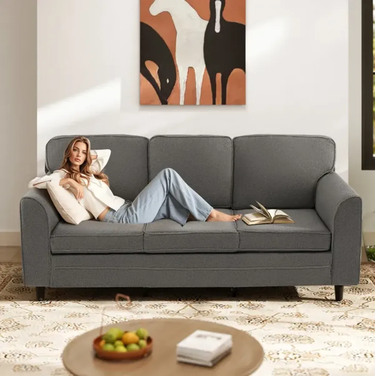 Upholstered Teddy Velvet 3-Seat Sofa with Comfy Back Pillows