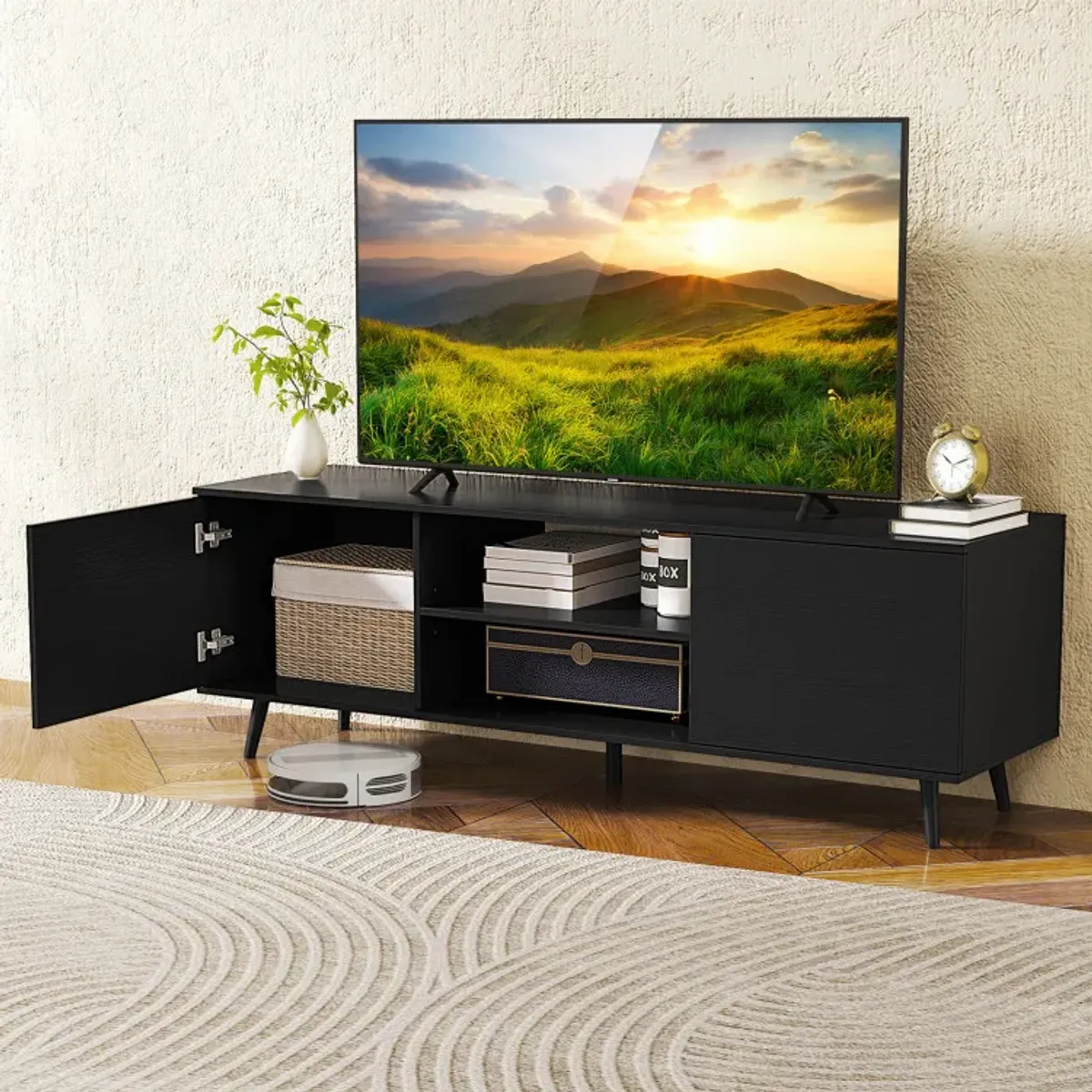 TV Stand with Power Outlets and Adjustable Shelf for 60 Inch TVs