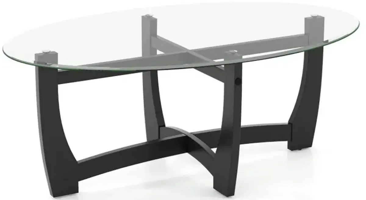 Oval Coffee Table with Tempered Glass Tabletop and Rubber Wood Legs