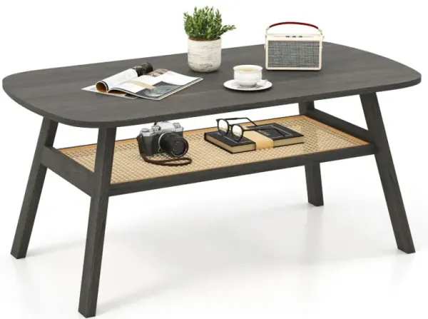 2-Tier Rectangular Center Coffee Table with Rattan Storage Shelf and Rubber Wood Legs