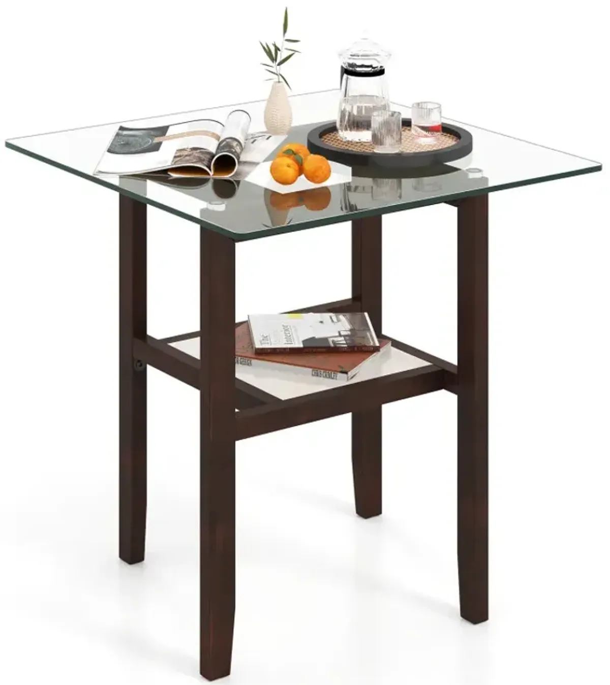 24 Inch 2-Tier Square Glass Coffee Table Center Table with Storage Shelf