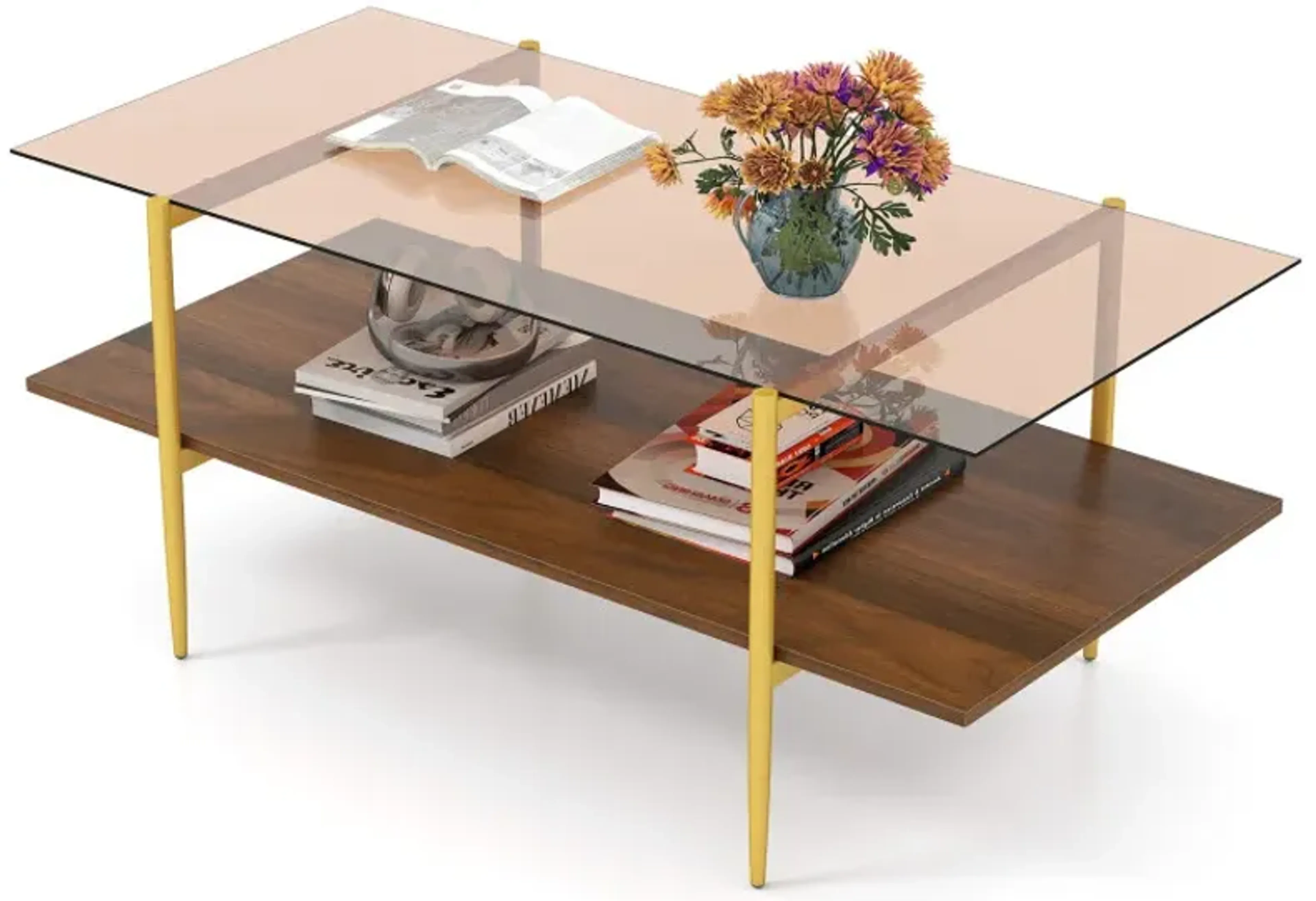 2-Tier Glass Coffee Table with Tampered Glass Tabletop and Open
