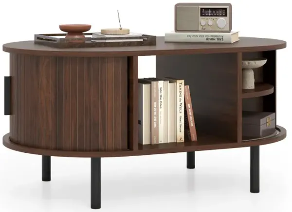 Oval Coffee Table with Open Compartment and Sector Shelves