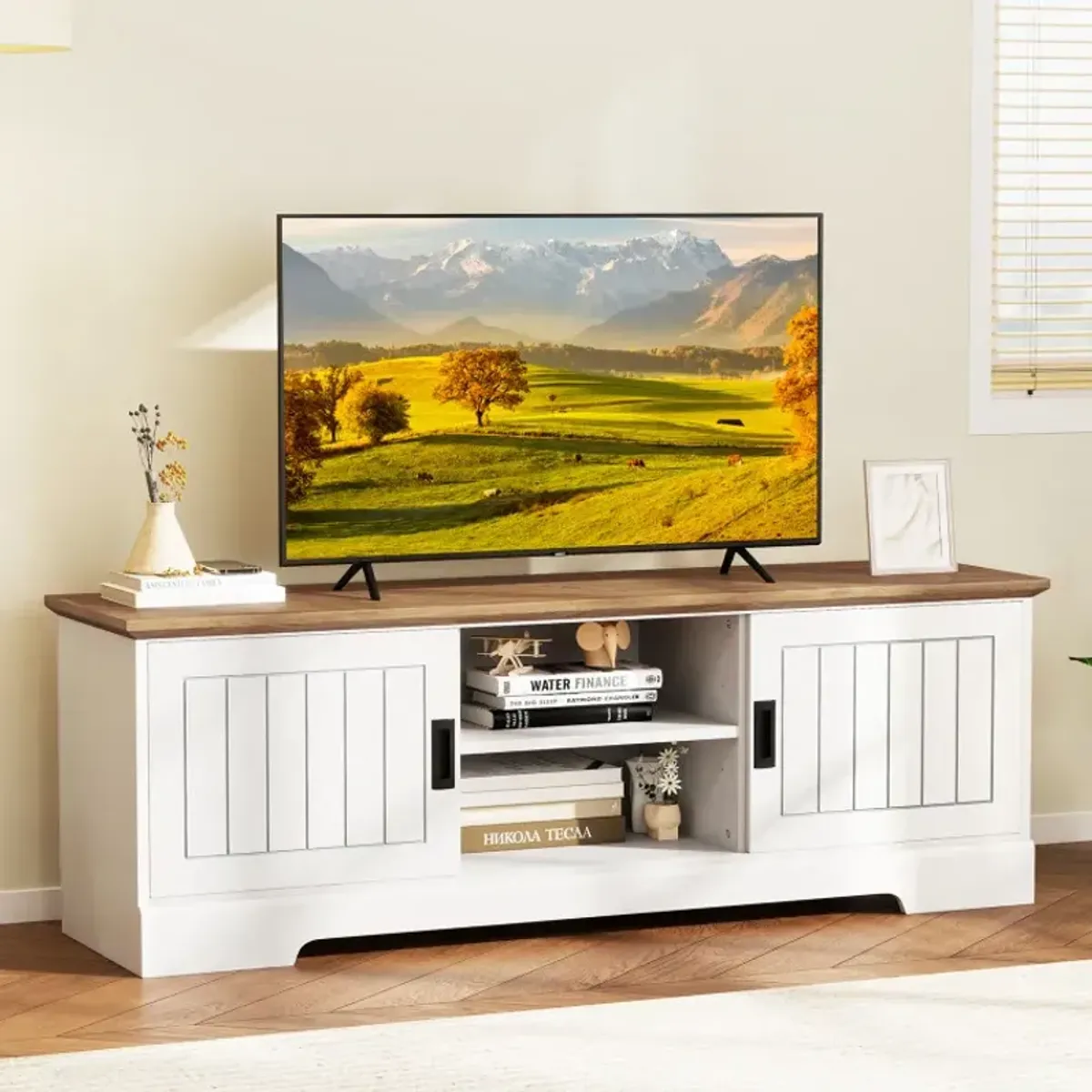 Farmhouse TV Stand for TVs up to 65 Inch with Sliding Doors and Storage Cabinets