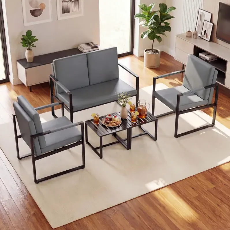 5 Pieces Living Room Set PU Leather Upholstered Sofa Set with 2 Coffee Tables