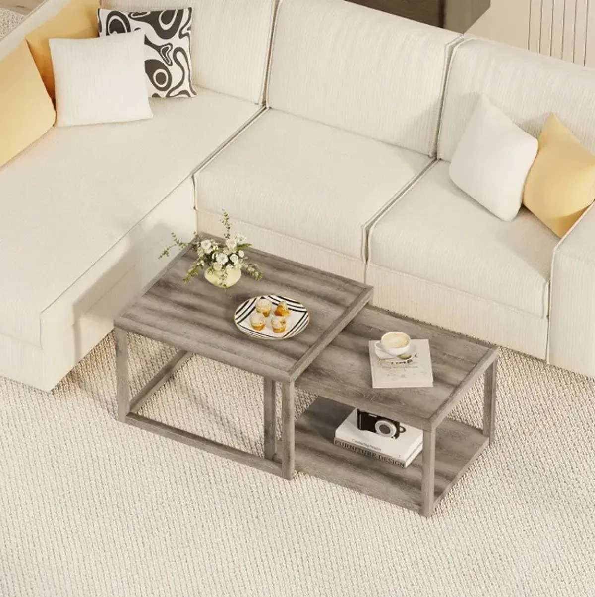 Nesting Coffee Table Set of 2 Stackable Rectangular End Tables