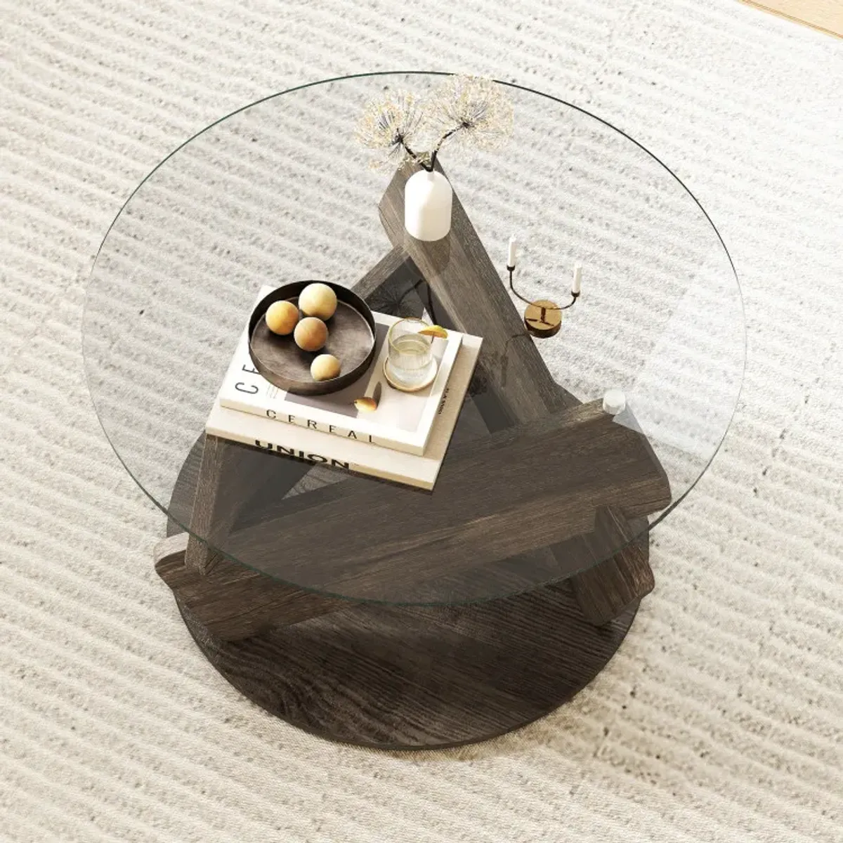 Round Glass Coffee Table 32 Inch Modern Center Table with Tempered Glass Top