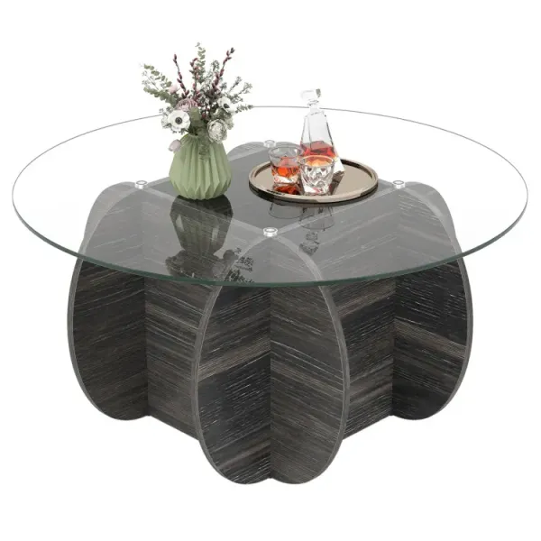 35" Round Coffee Table Unique Circle Center Table with Tempered Glass Top and Solid Wood Base