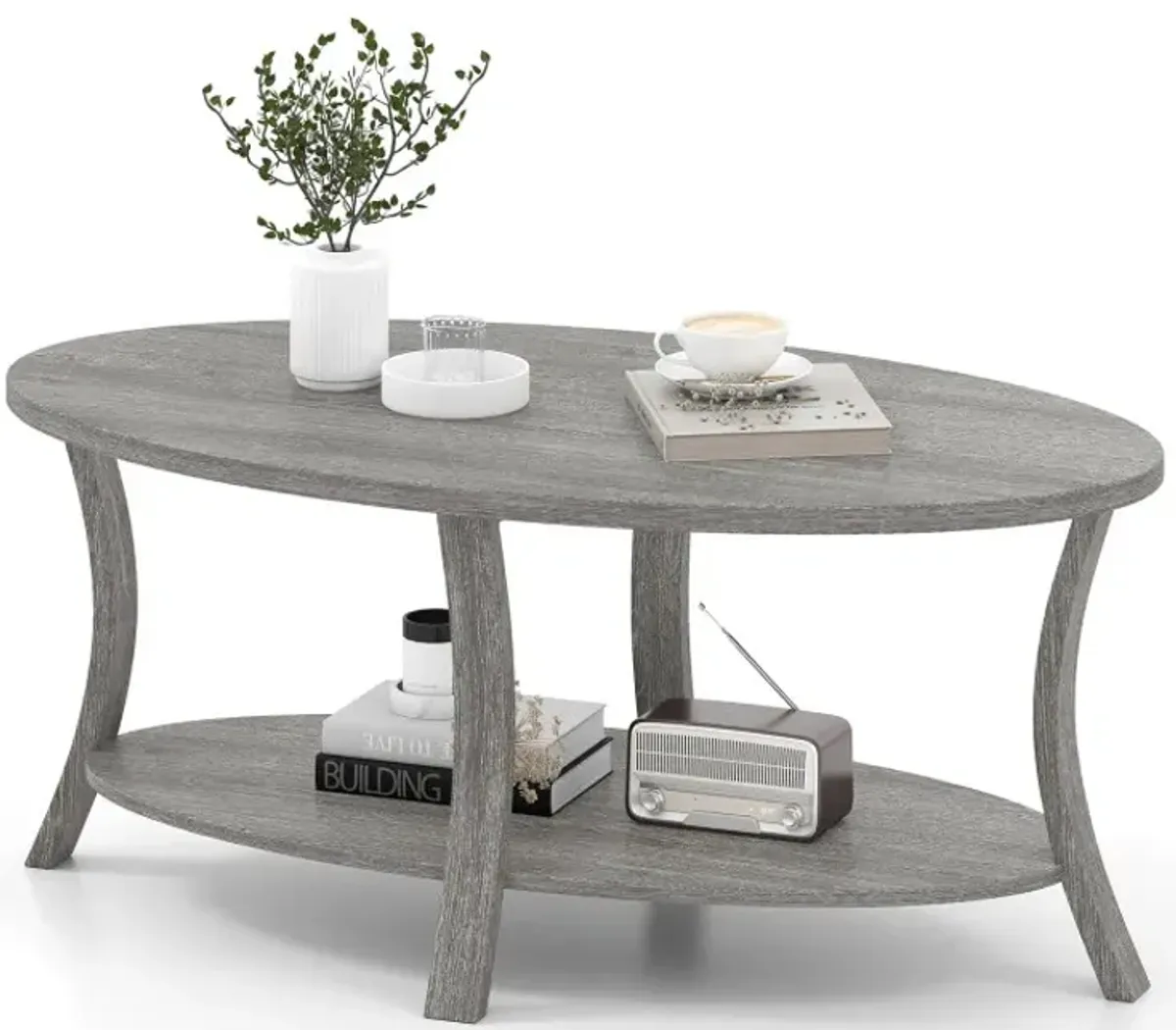 Oval Coffee Table 2-Tier Center Table with Storage Shelf